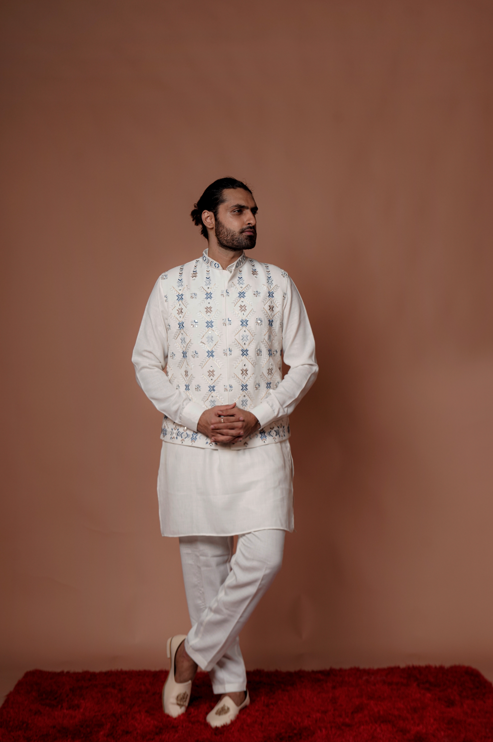 White Handcraft Work Kurta Jacket Set