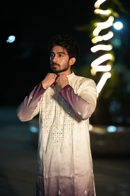 White & Purple Hand & Machine Embroidered Kurta Set