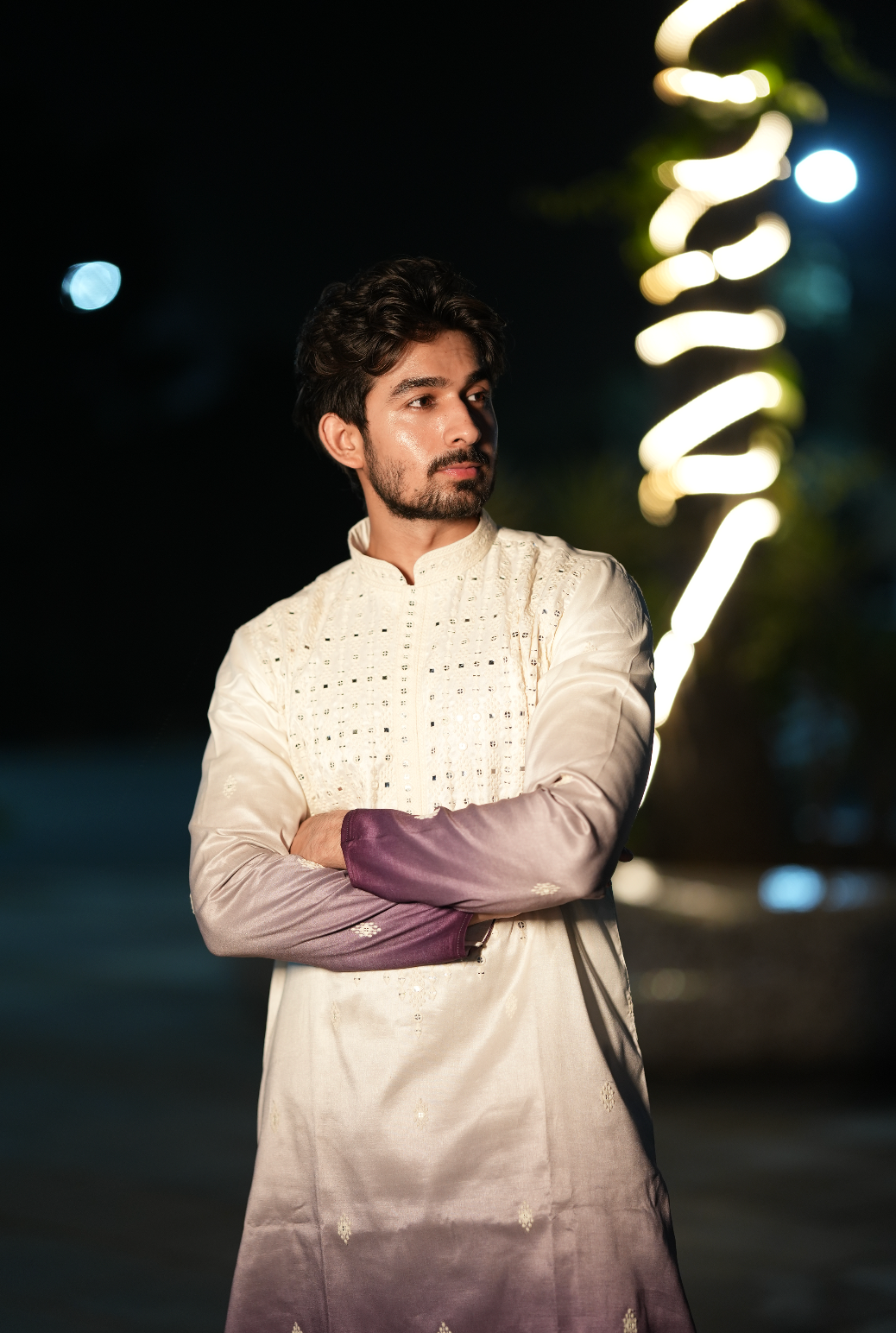 White & Purple Hand & Machine Embroidered Kurta Set