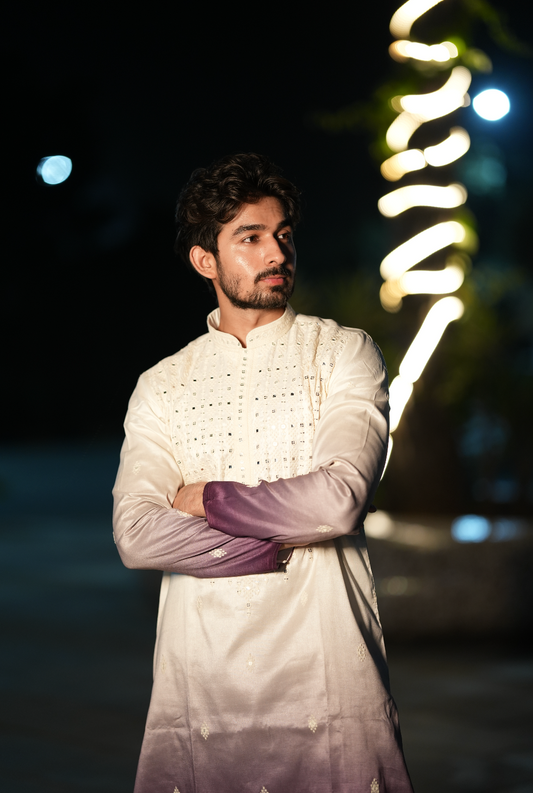White & Purple Hand & Machine Embroidered Kurta Set