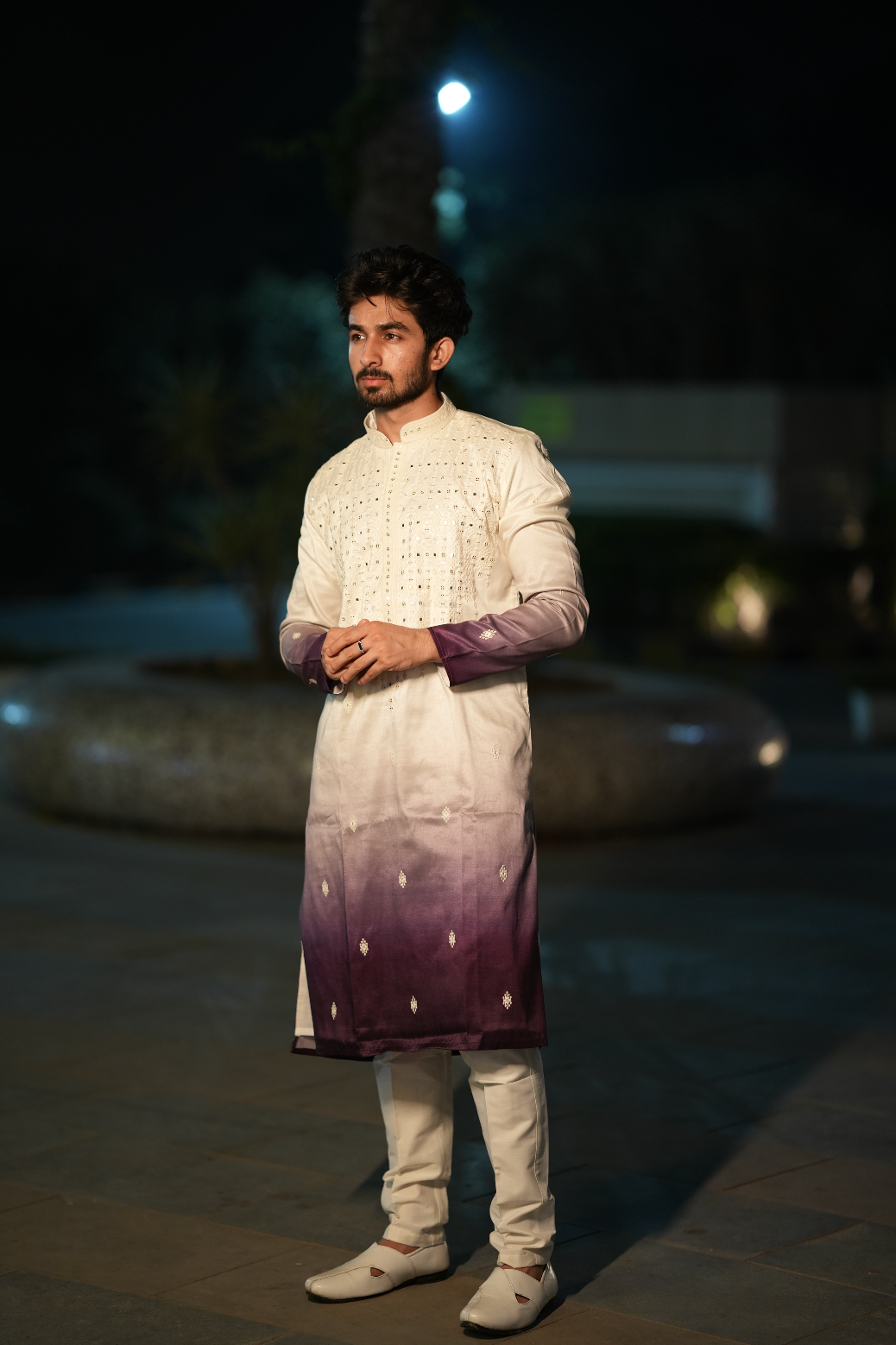White & Purple Hand & Machine Embroidered Kurta Set