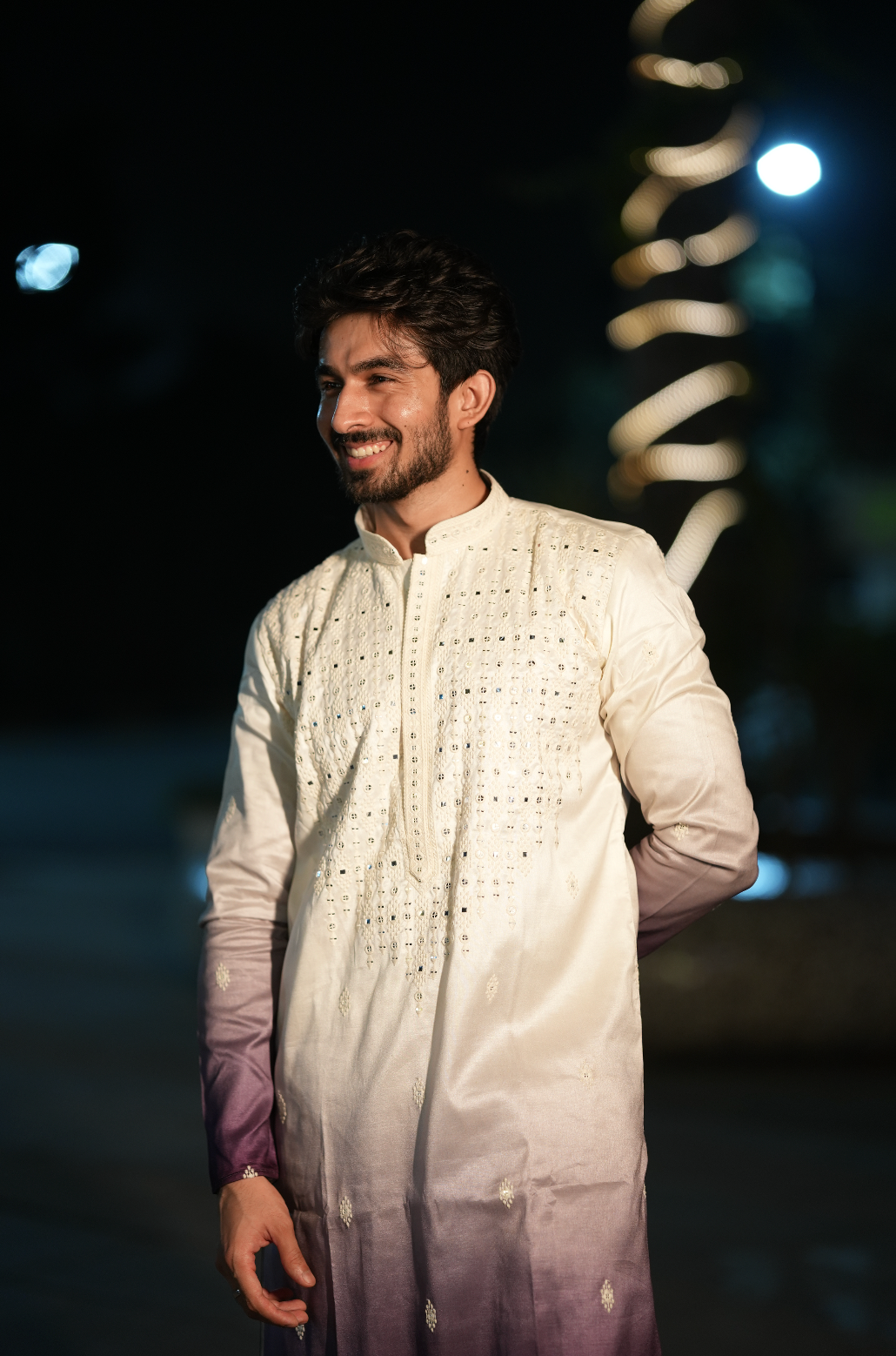 White & Purple Hand & Machine Embroidered Kurta Set