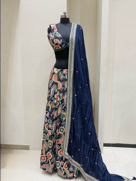 Navy Blue Multicolour Thread Embroidered Lehenga Set
