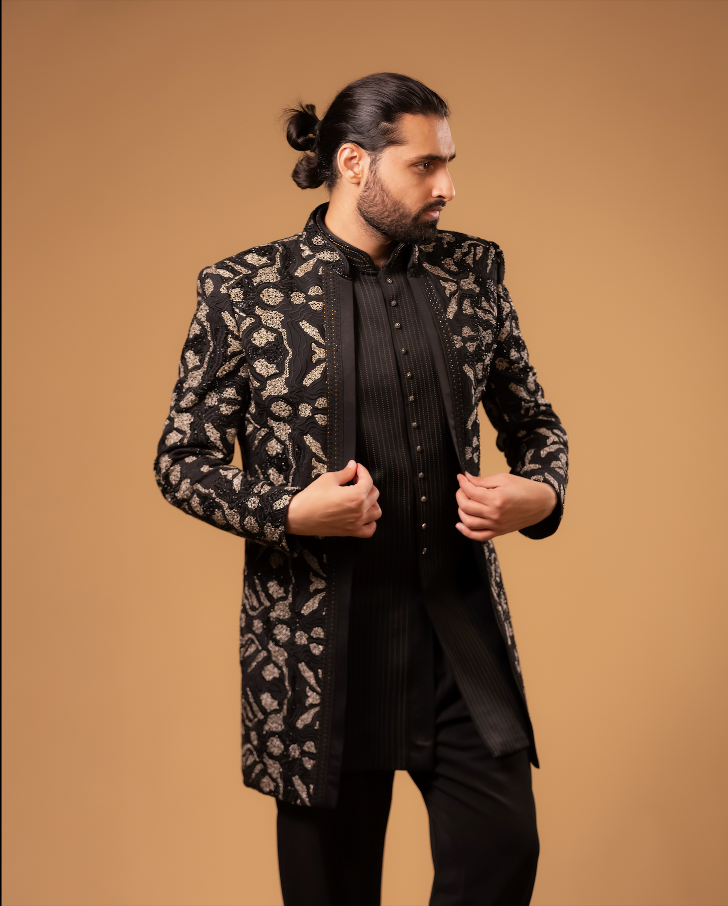 Midnight Black & Antique Gold Embroidered Indo-Western