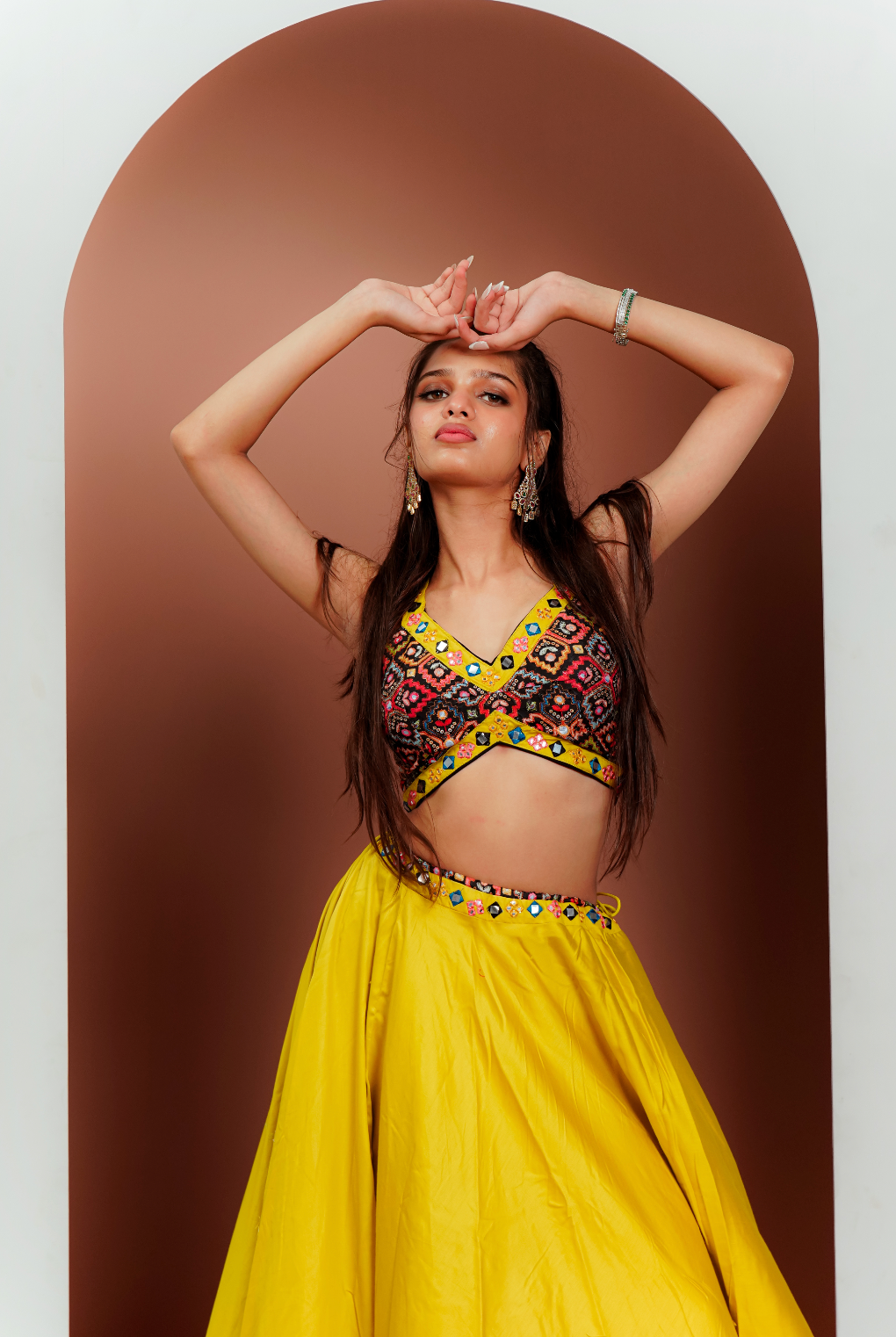 Musterd Yellow Chaniya Choli With Red Duptta