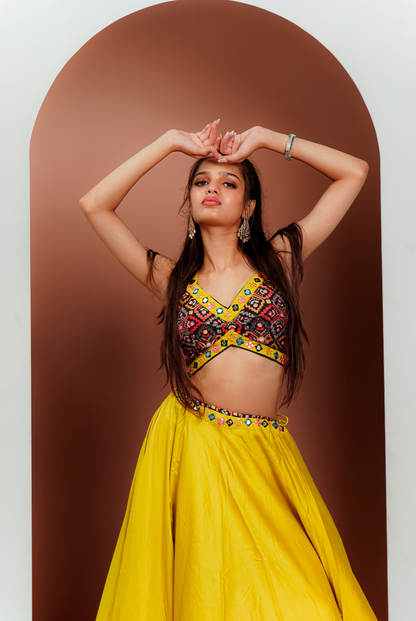 Musterd Yellow Chaniya Choli With Red Duptta