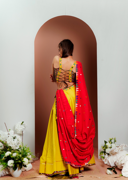 Musterd Yellow Chaniya Choli With Red Duptta