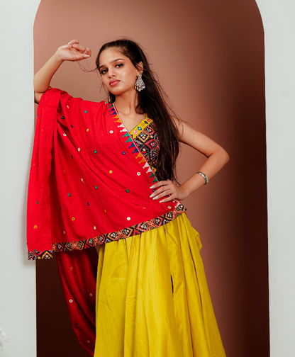 Musterd Yellow Chaniya Choli With Red Duptta
