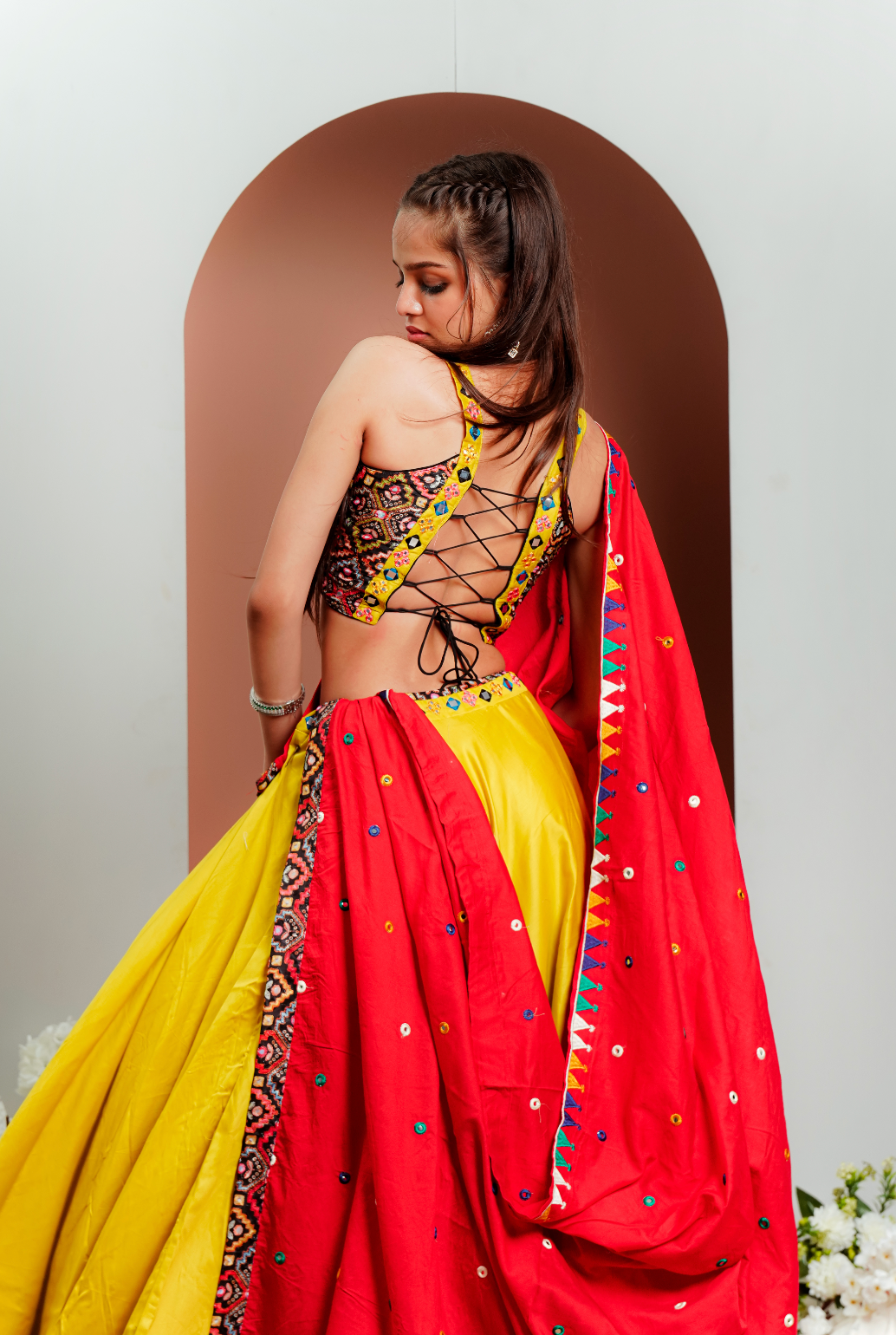 Musterd Yellow Chaniya Choli With Red Duptta