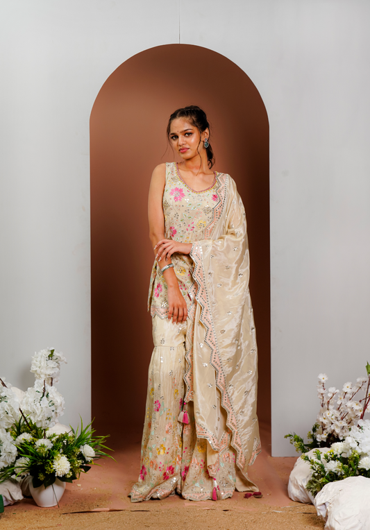 Cream Sequins Work Palazzo Set