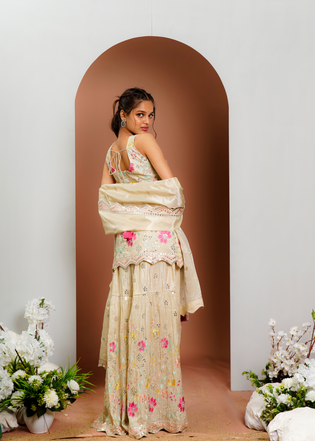 Cream Sequins Work Palazzo Set