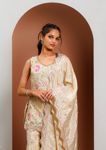 Cream Sequins Work Palazzo Set