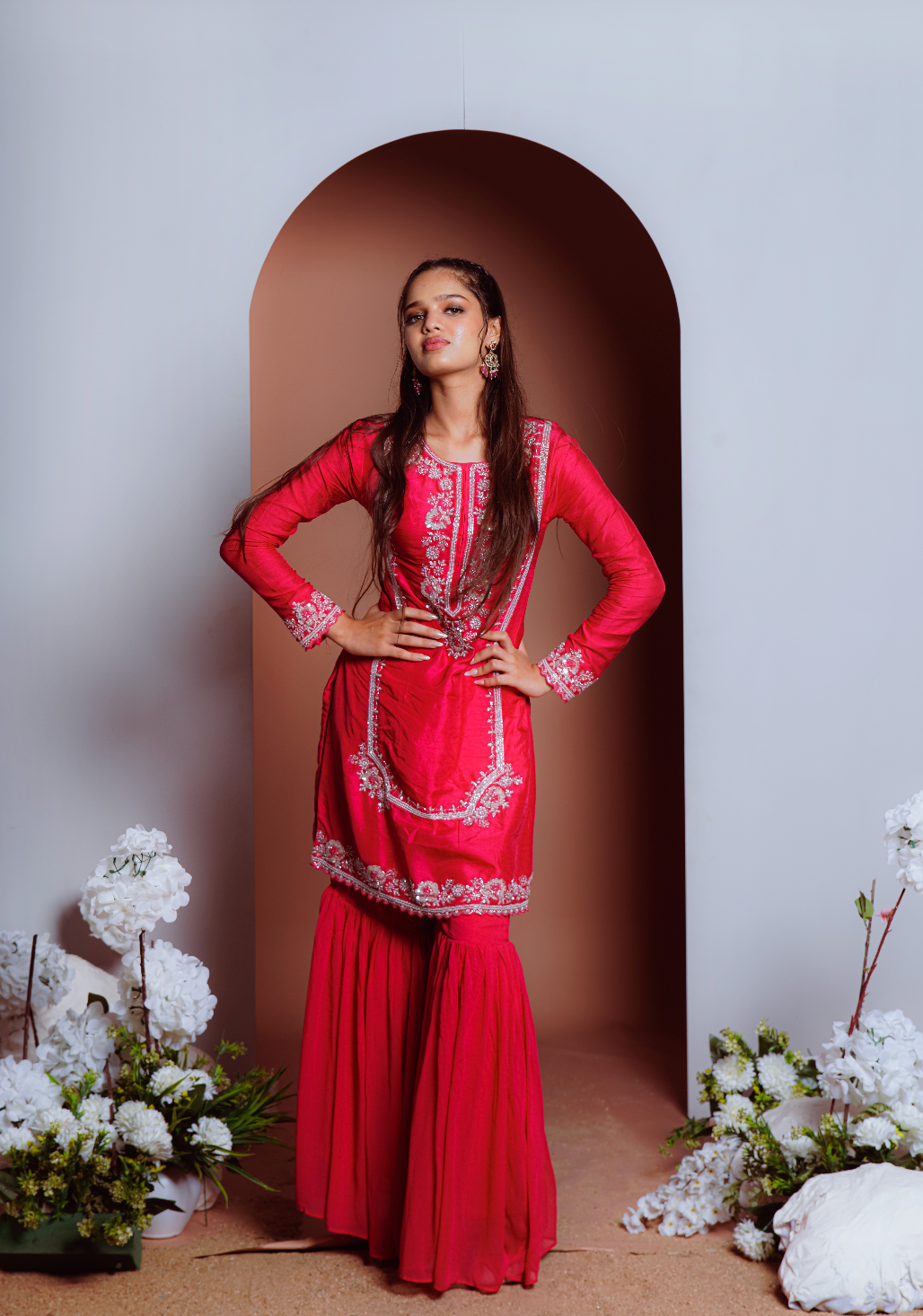 Red Heavy Zardosi Worked Sharara And Kurta With Lace Dupatta