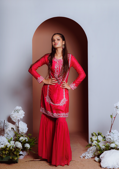 Red Heavy Zardosi Worked Sharara And Kurta With Lace Dupatta