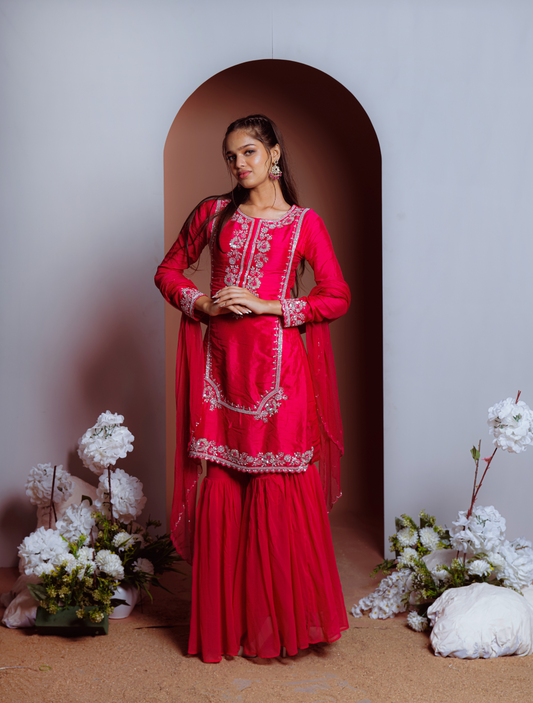Red Heavy Zardosi Worked Sharara And Kurta With Lace Dupatta