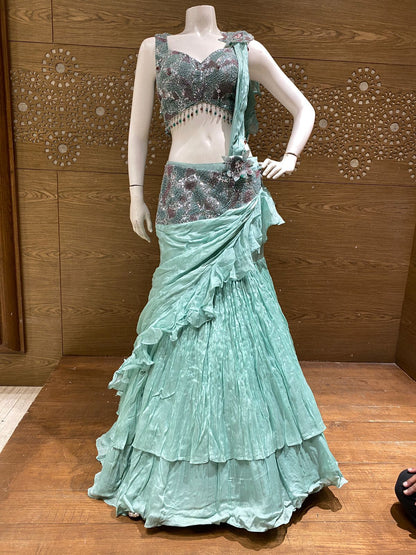 Sea Green Embroidered Ruffle Lehenga Choli with Sequin Work & Draped Dupatta