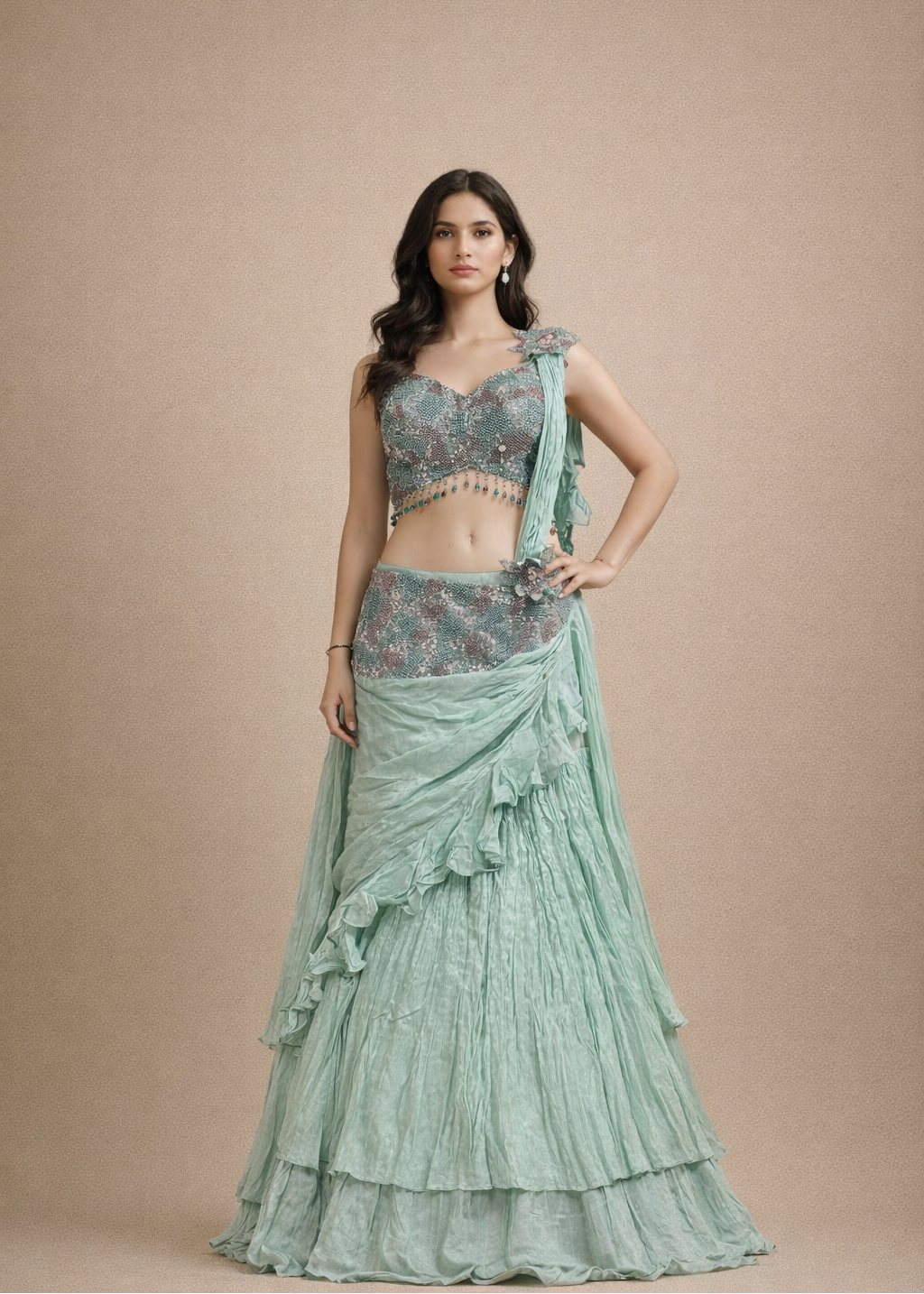 Sea Green Embroidered Ruffle Lehenga Choli with Sequin Work & Draped Dupatta