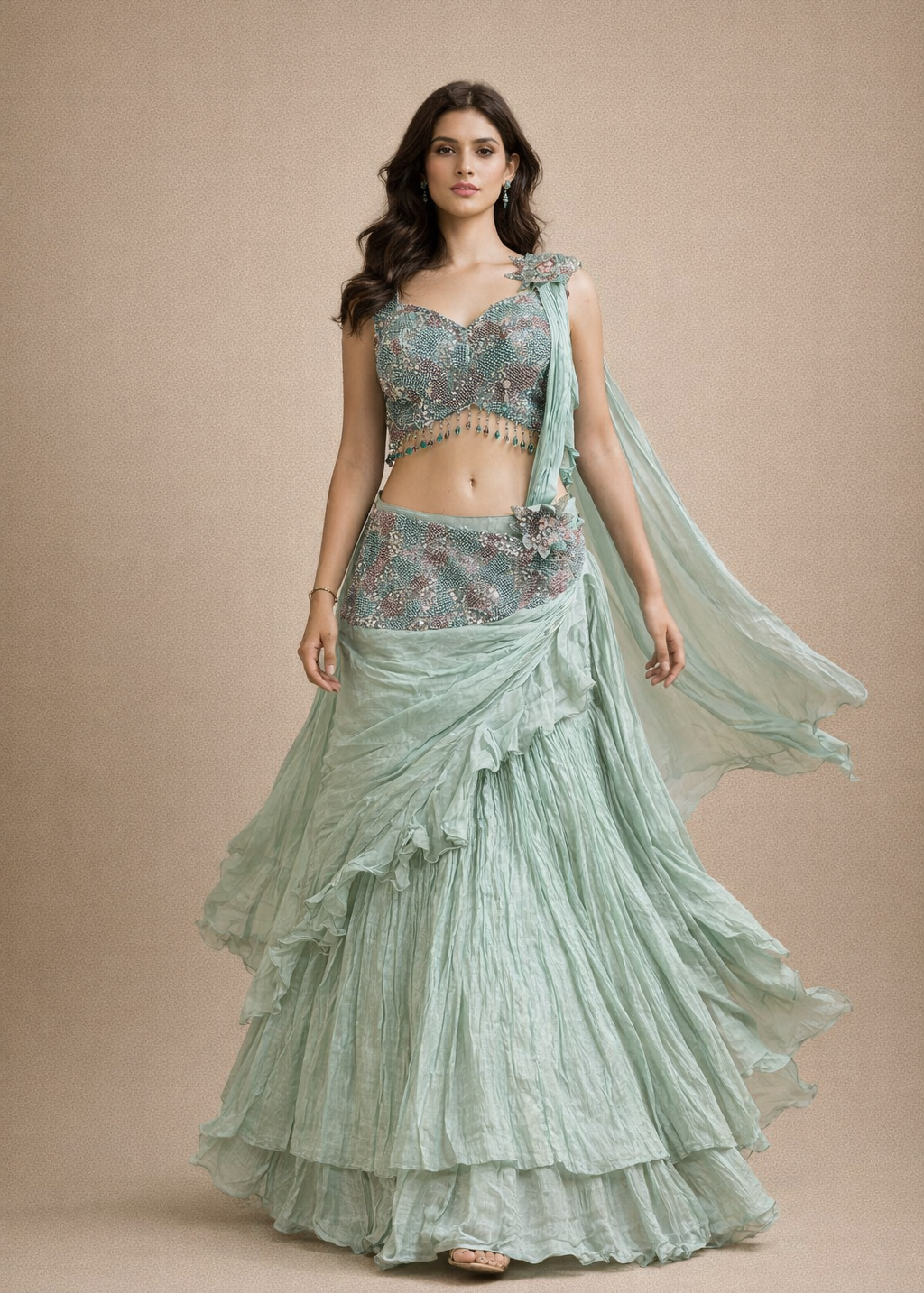 Sea Green Embroidered Ruffle Lehenga Choli with Sequin Work & Draped Dupatta
