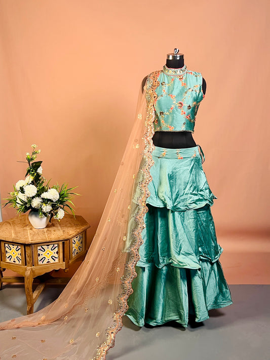 Sea Green Ruffle Lehenga Set with Floral Embroidery & Peach Net Dupatta