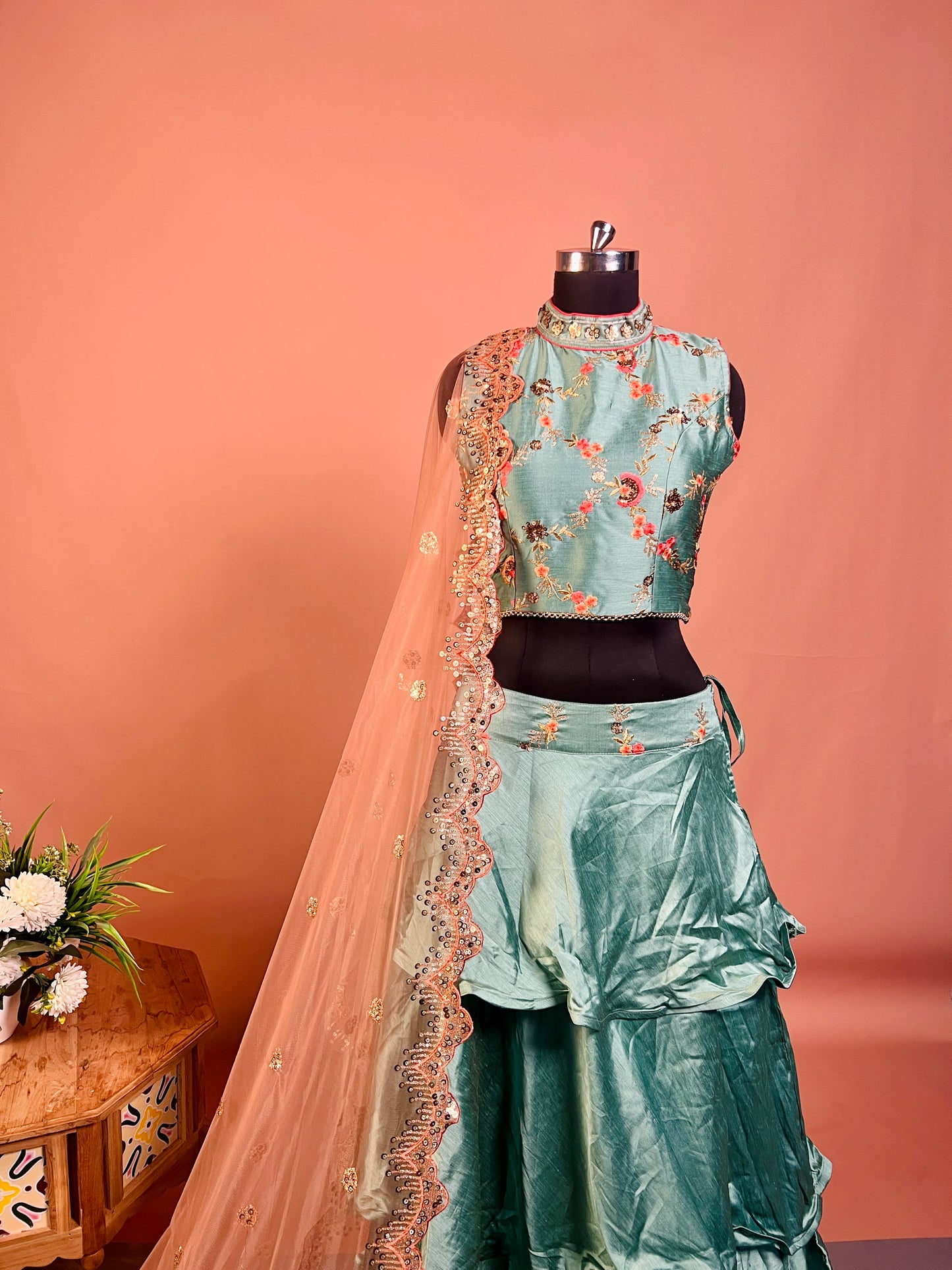 Sea Green Ruffle Lehenga Set with Floral Embroidery & Peach Net Dupatta