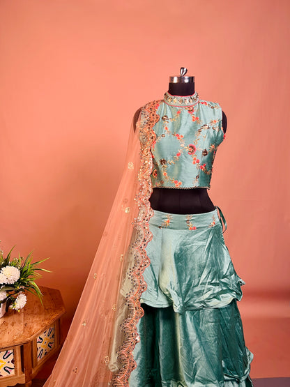 Sea Green Ruffle Lehenga Set with Floral Embroidery & Peach Net Dupatta