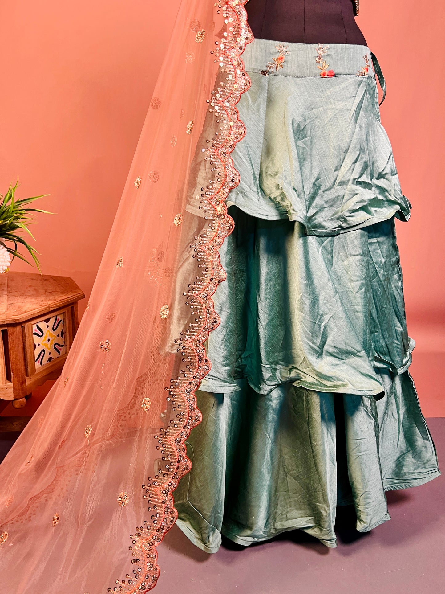 Sea Green Ruffle Lehenga Set with Floral Embroidery & Peach Net Dupatta