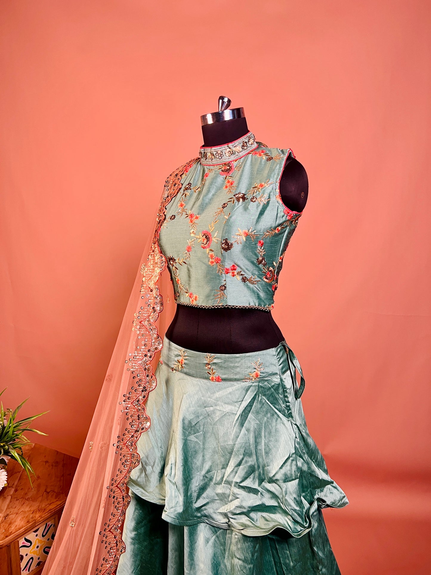 Sea Green Ruffle Lehenga Set with Floral Embroidery & Peach Net Dupatta