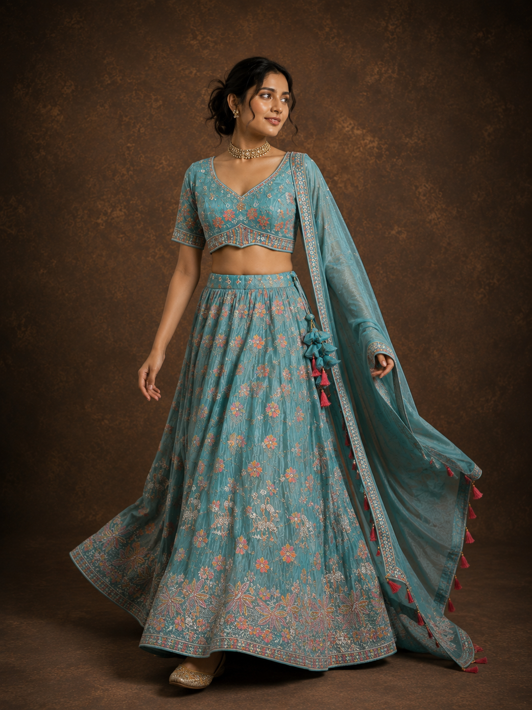 Sea Mist Blue Floral Embroidered Silk Lehenga Set