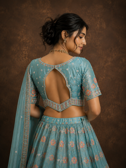 Sea Mist Blue Floral Embroidered Silk Lehenga Set