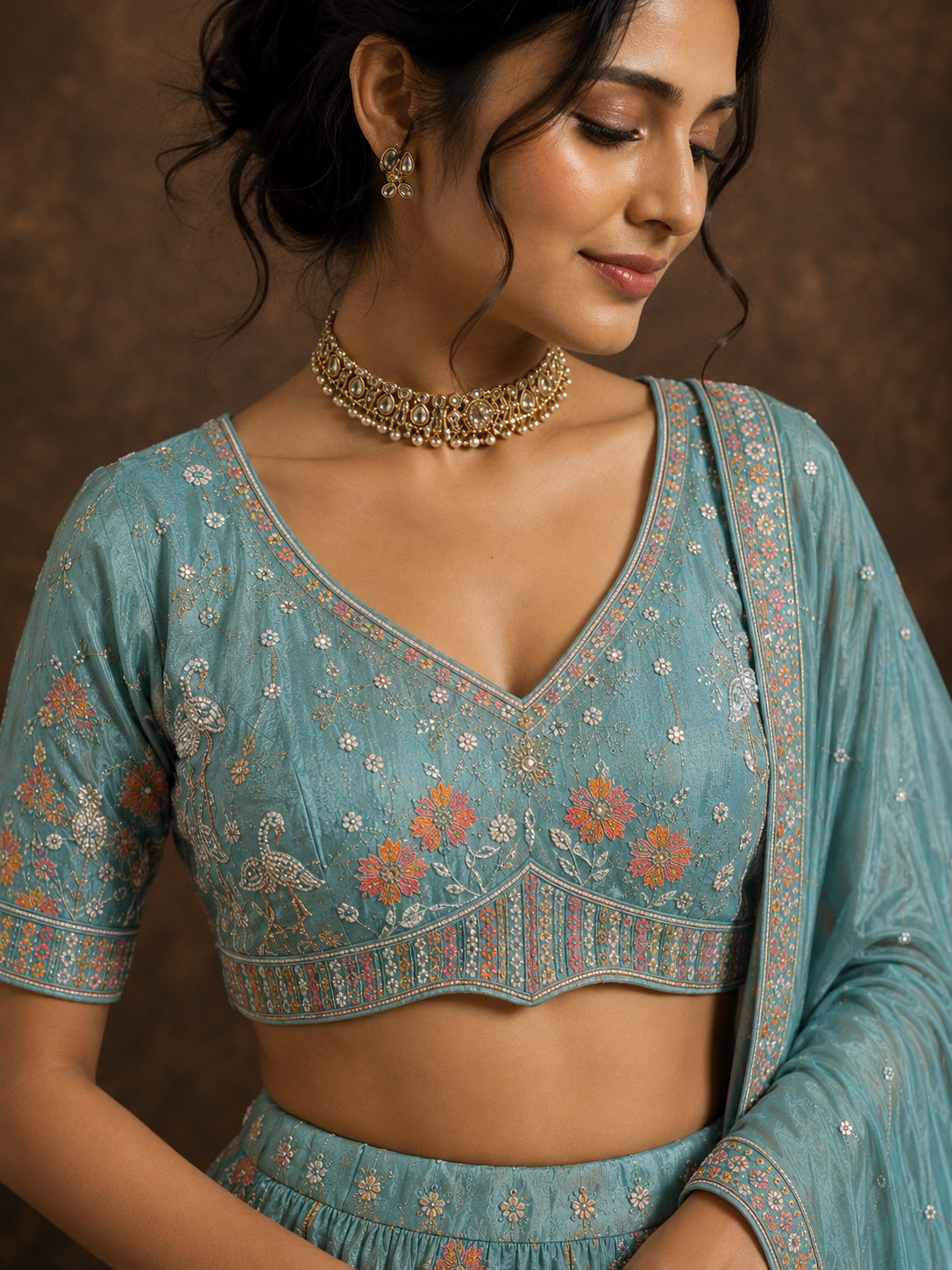Sea Mist Blue Floral Embroidered Silk Lehenga Set