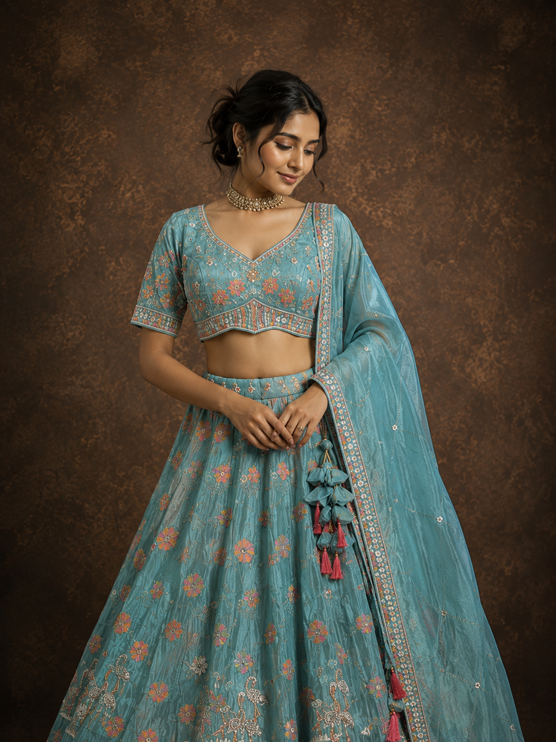 Sea Mist Blue Floral Embroidered Silk Lehenga Set