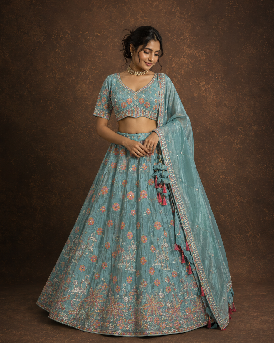 Sea Mist Blue Floral Embroidered Silk Lehenga Set