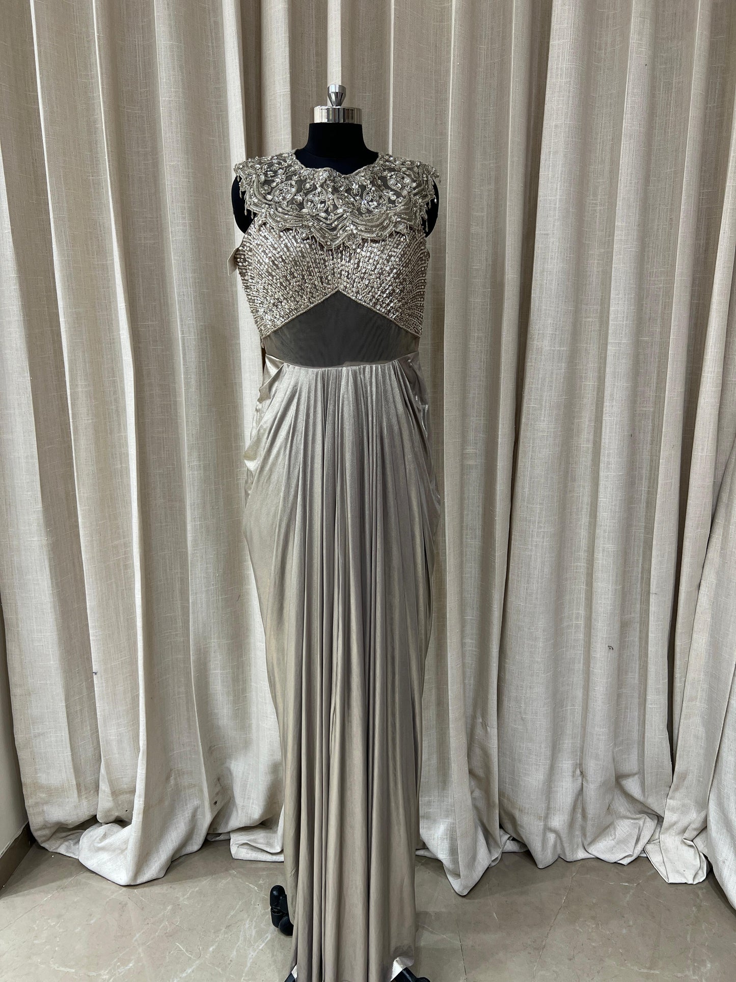 Silver Grey Designer Gown with Heavy Embroidered Bodice and Pleated Drape Skirt
