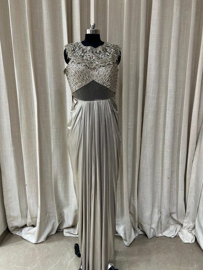 Silver Grey Designer Gown with Heavy Embroidered Bodice and Pleated Drape Skirt
