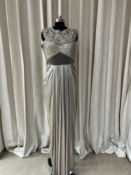 Silver Grey Designer Gown with Heavy Embroidered Bodice and Pleated Drape Skirt