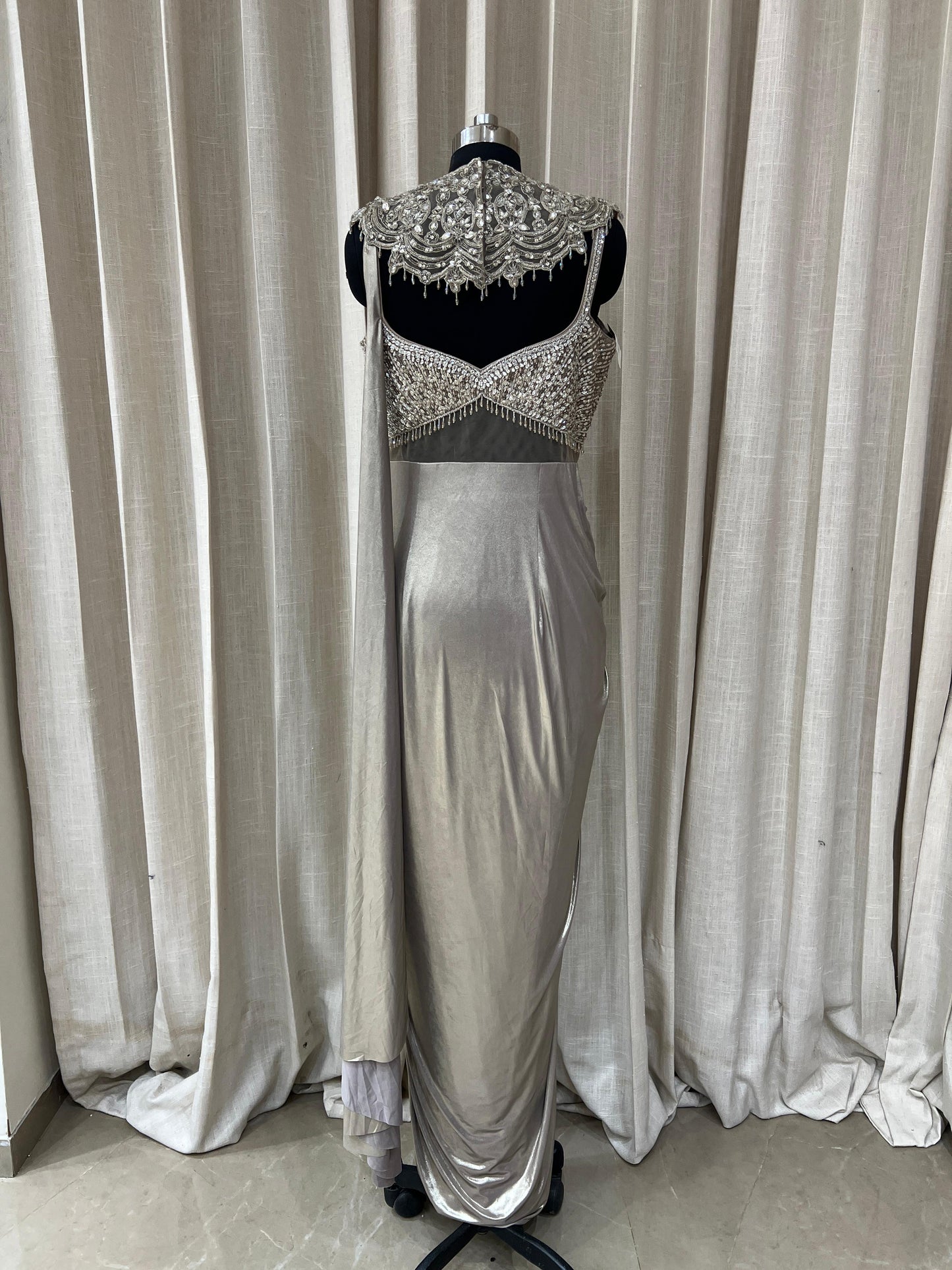 Silver Grey Designer Gown with Heavy Embroidered Bodice and Pleated Drape Skirt