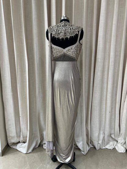 Silver Grey Designer Gown with Heavy Embroidered Bodice and Pleated Drape Skirt