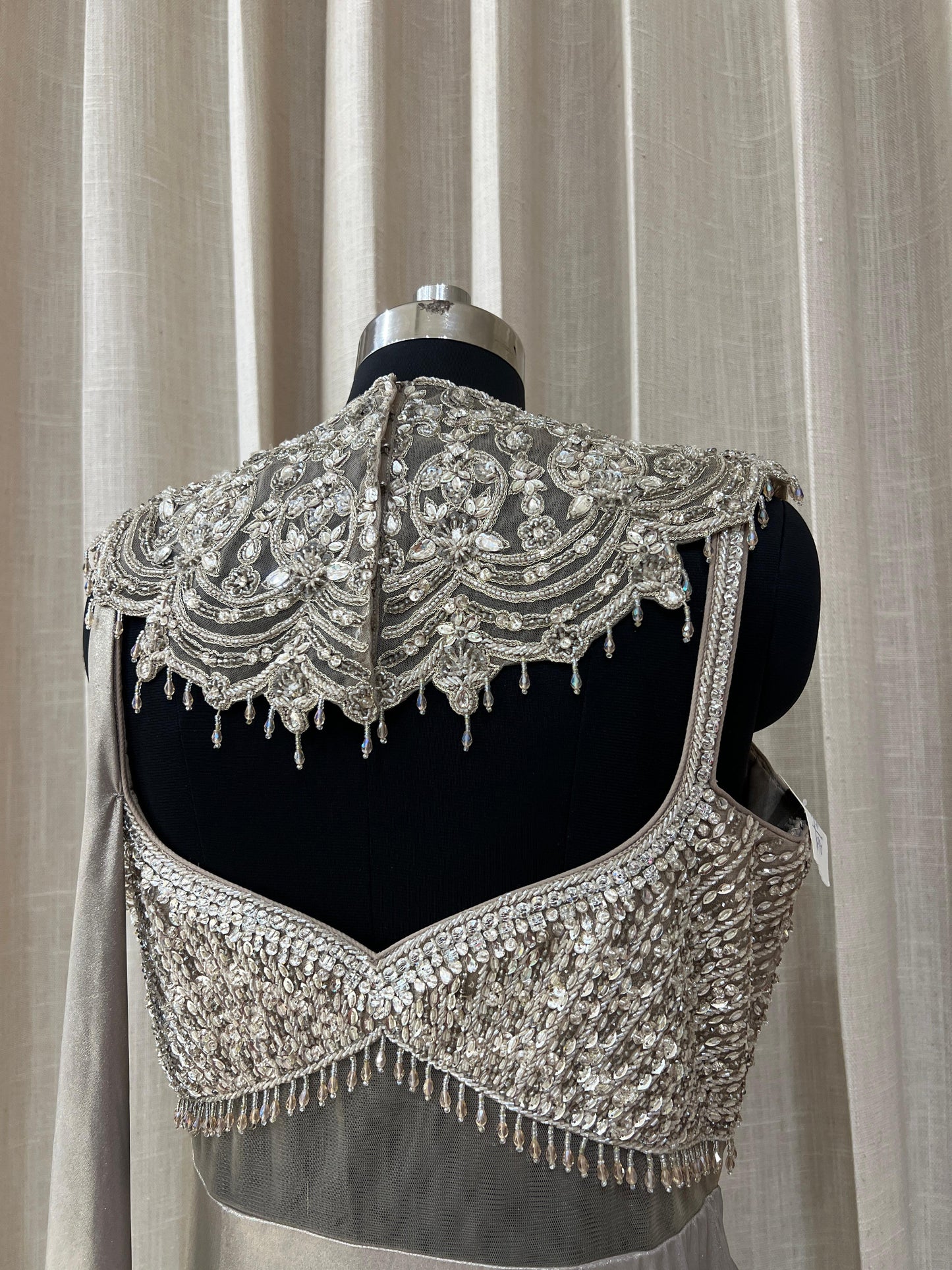 Silver Grey Designer Gown with Heavy Embroidered Bodice and Pleated Drape Skirt