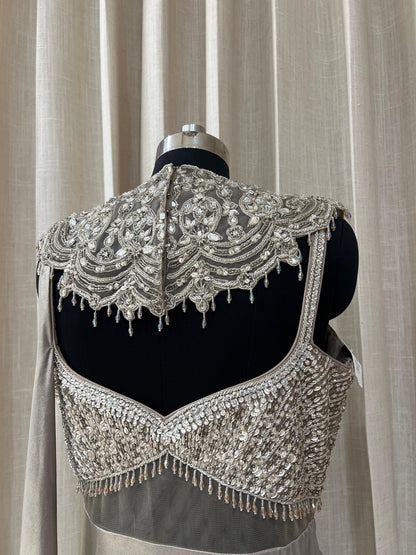 Silver Grey Designer Gown with Heavy Embroidered Bodice and Pleated Drape Skirt