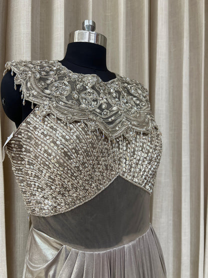 Silver Grey Designer Gown with Heavy Embroidered Bodice and Pleated Drape Skirt