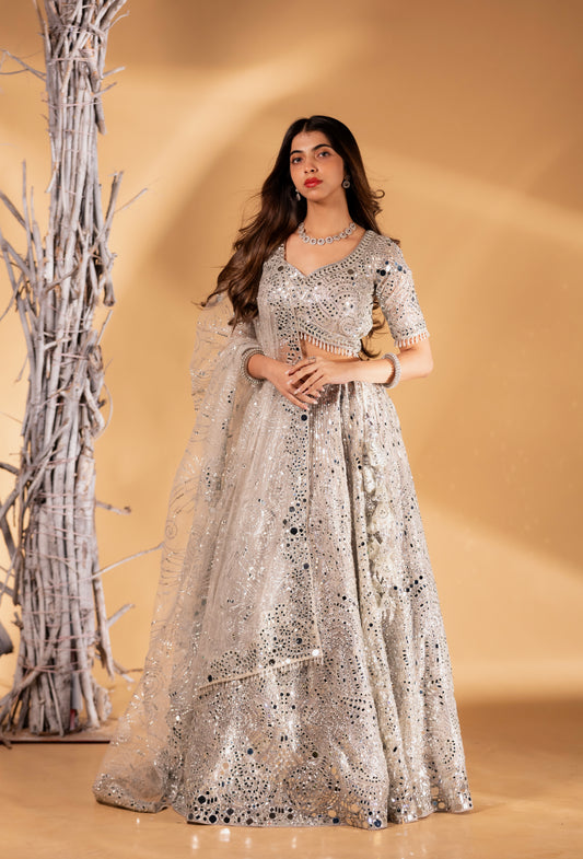 Silver Mirror-Work Hand-Embroidered Bridal Lehenga Choli