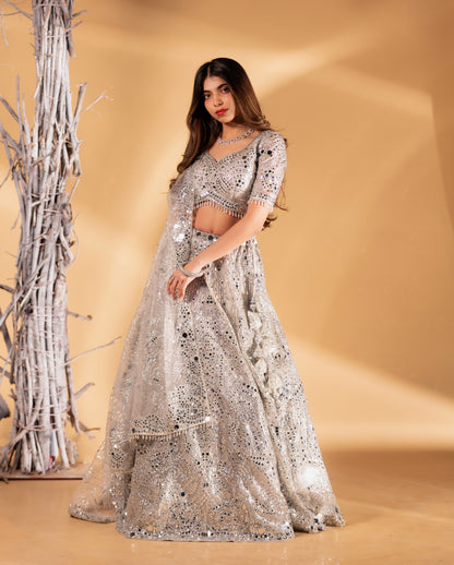 Silver Mirror-Work Hand-Embroidered Bridal Lehenga Choli
