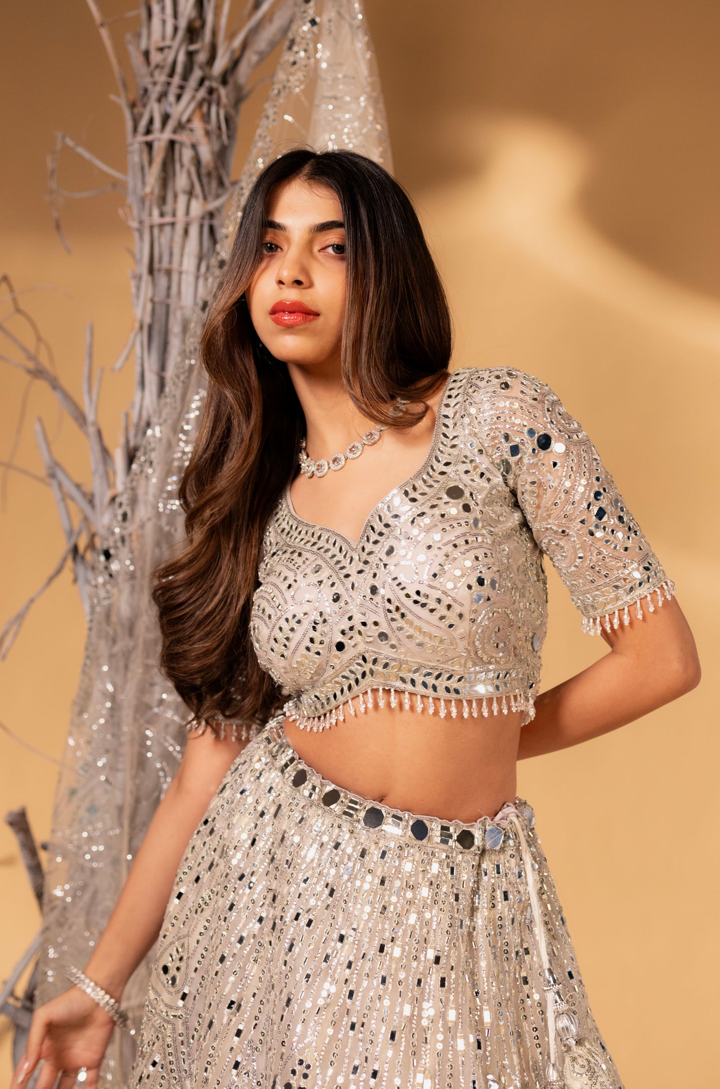 Silver Mirror-Work Hand-Embroidered Bridal Lehenga Choli