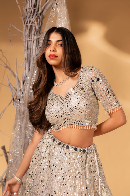 Silver Mirror-Work Hand-Embroidered Bridal Lehenga Choli