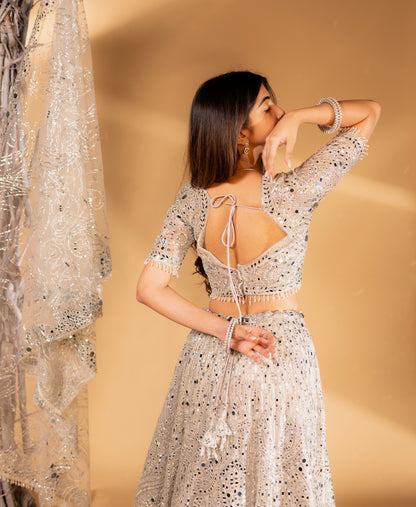 Silver Mirror-Work Hand-Embroidered Bridal Lehenga Choli