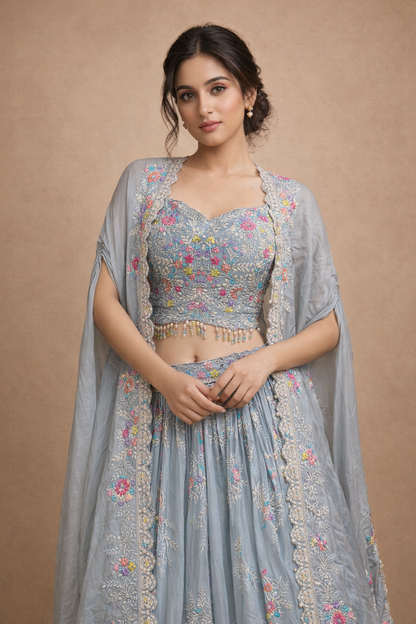 Sky Blue Floral Embroidered Lehenga Choli with Scalloped Jacket