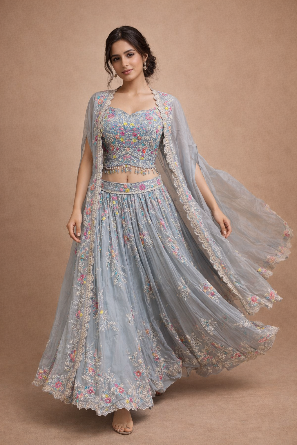 Sky Blue Floral Embroidered Lehenga Choli with Scalloped Jacket