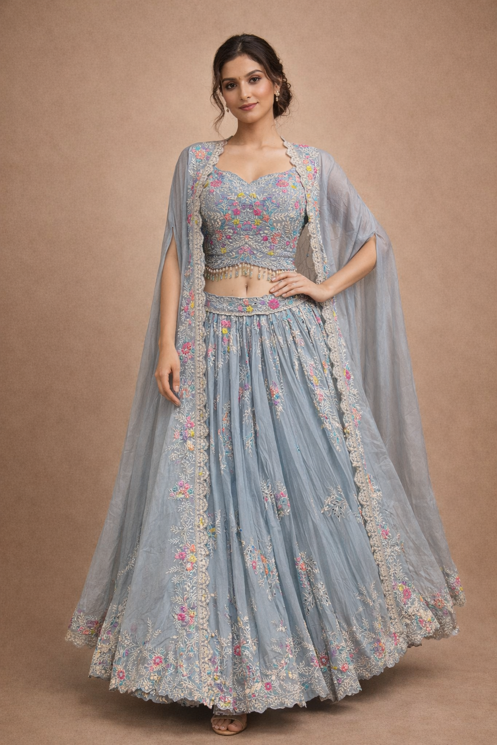 Sky Blue Floral Embroidered Lehenga Choli with Scalloped Jacket