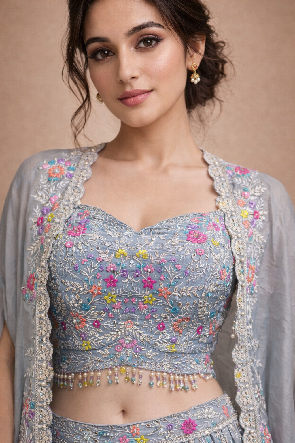 Sky Blue Floral Embroidered Lehenga Choli with Scalloped Jacket
