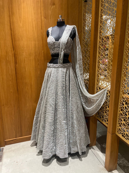 Smoke Grey Hand Embroidered Lehenga Choli